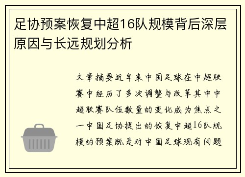 足协预案恢复中超16队规模背后深层原因与长远规划分析 足协预案恢复中超16队规模背后深层原因与长远规划分析