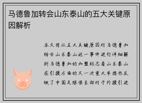 马德鲁加转会山东泰山的五大关键原因解析 马德鲁加转会山东泰山的五大关键原因解析